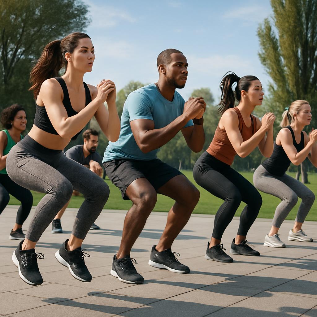 A diverse group of people participating in a HIIT class outdoors