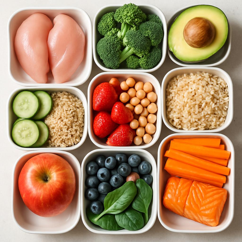 A diverse and colorful meal plan featuring fruits, vegetables, lean meats, and grains
