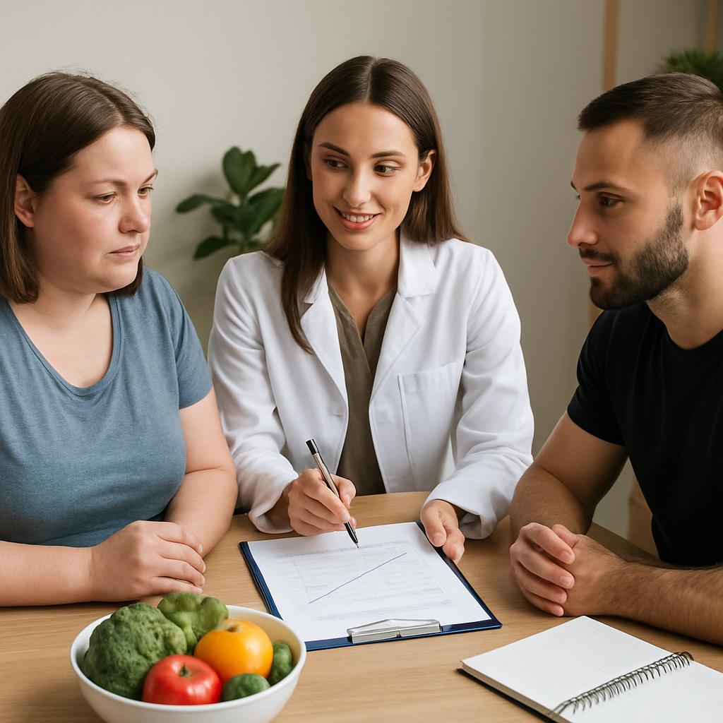 A person setting realistic weight loss goals with a nutritionist and fitness trainer
